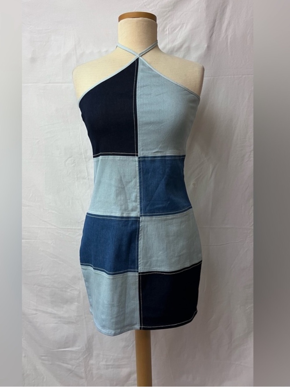 Patchwork Halter Mini Dress in Mint & Navy